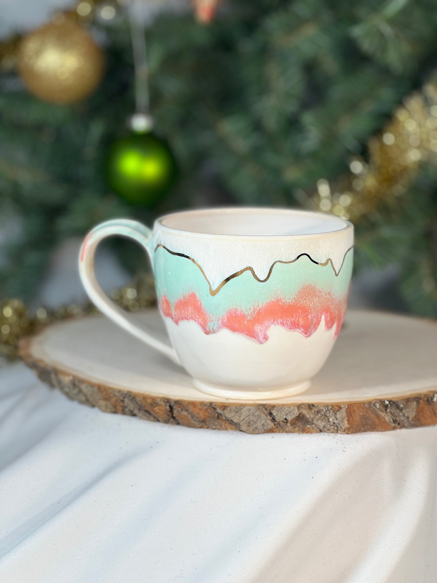 Light blue and pink 12 oz mug w gold luster accent